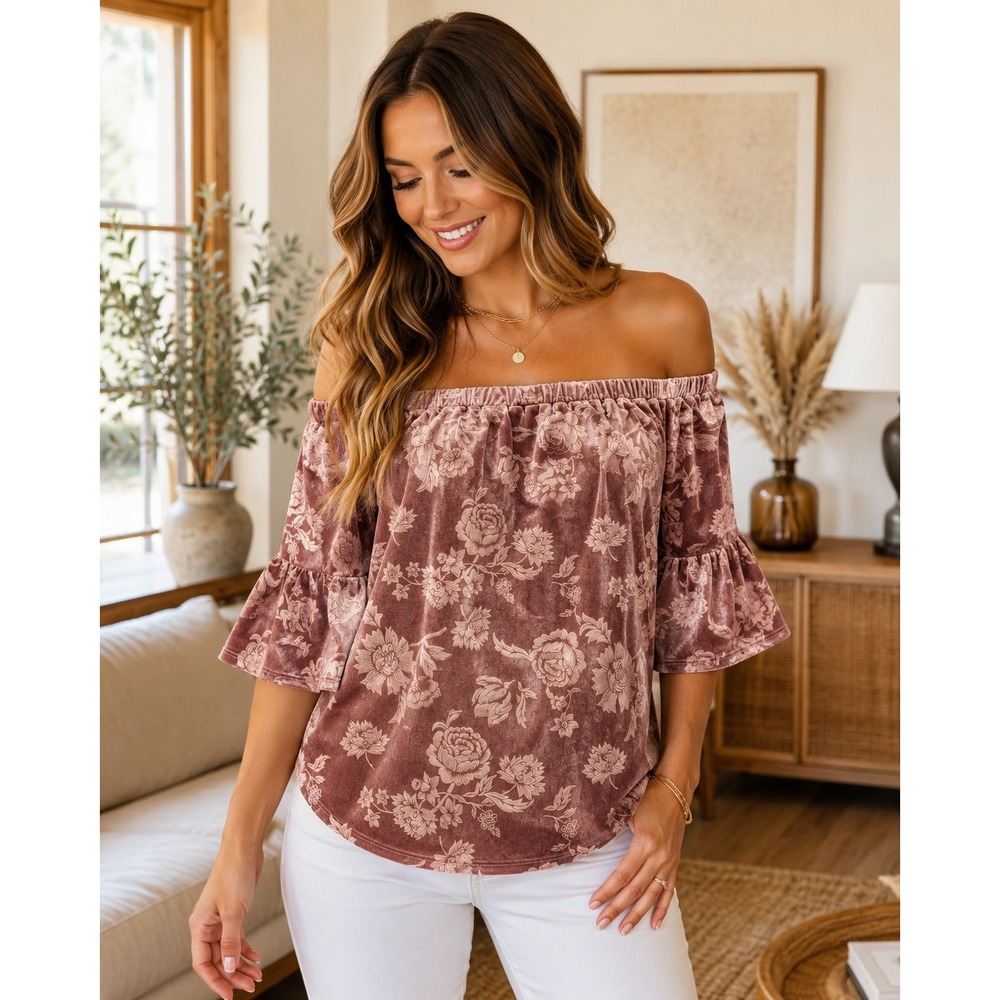 Current Project Floral Velvet Off The Shoulder Bell Sleeve Top Womens Size Large
